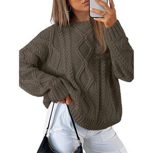 Women's Cedar Brown Imported Pull On Oversized Cable Knit Crew Neck Sweaters
